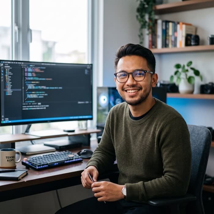 ABe, freelancer AI Automation, Web Development & Cybersecurity, bekerja di meja kerjanya