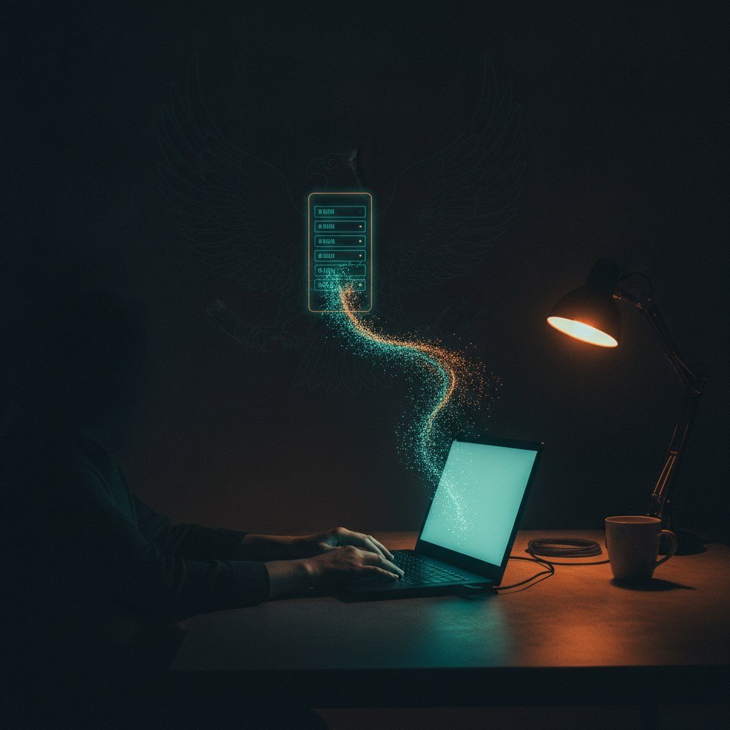 Ilustrasi setup AI assistant di meja kerja malam hari, nuansa teal-orange