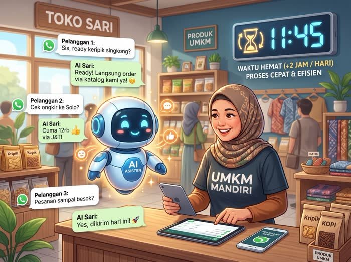 Ilustrasi chatbot AI WhatsApp melayani pelanggan UMKM secara otomatis