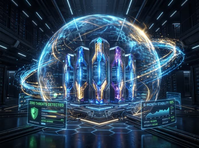 Ilustrasi rack server VPS dengan sistem keamanan terpantau, zero threats detected