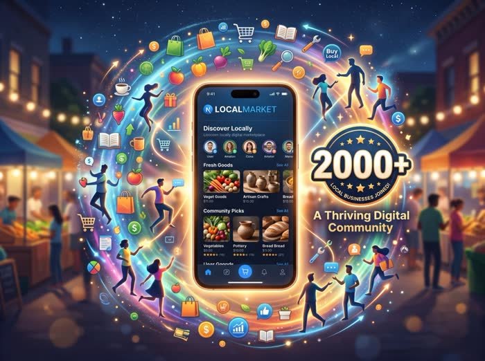 Tampilan aplikasi marketplace lokal dengan lebih dari 2000 bisnis bergabung