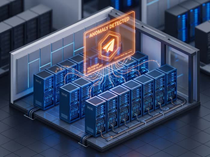 Ilustrasi rack server dengan sistem alert Telegram saat terjadi anomali
